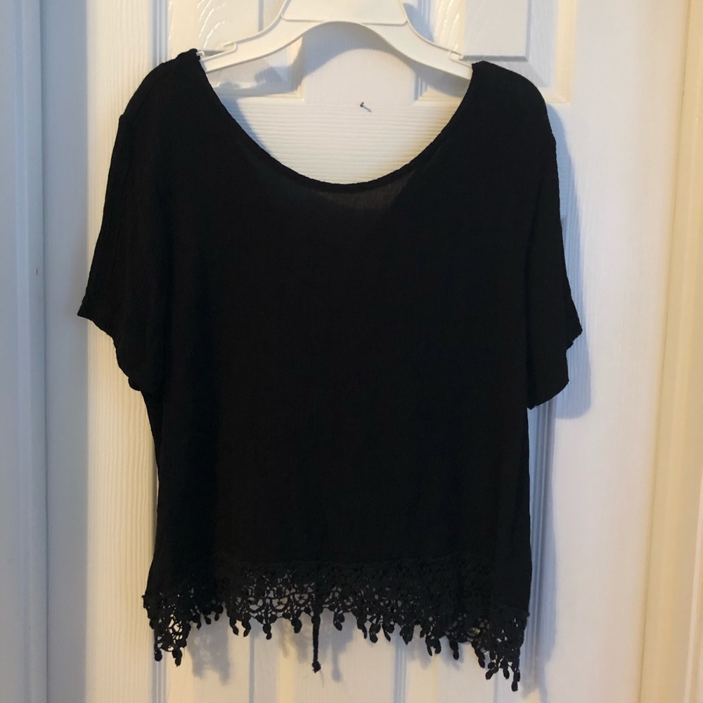 Black crop top with lacy accent bottom